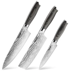 Hecef Knife Set, 8in Japanese Damascus Pattern Chef Knife with Wood Handle, 3Pcs