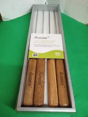 798785000451 AUSSIE Steel Deluxe Skewer Set Oak Handles