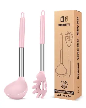 B0DXPCJBP1 BUNDLEPRO Silicone Pasta Fork Ladle Spoon Set Pink