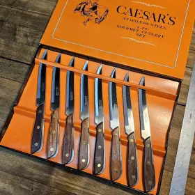 BR549 Steel Mahogany Wood Handle Steak Knife Set Nos Caesar