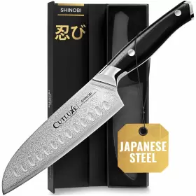 855532008167 CUTLUXE Shinobi Santoku Knife Damascus Chopping