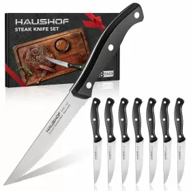 820909687719 HAUSHOF Steak Knives Set Steel Serrated Knife Se