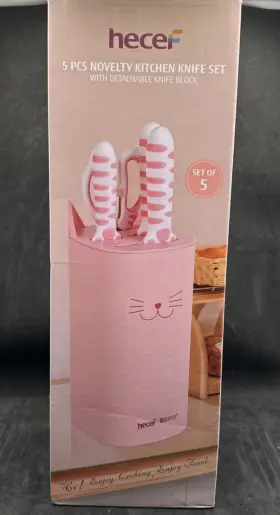 99360333 HECEF Kitchen Knife Set Steel Pink Cat Claw Block