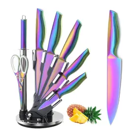 8PCS HOICHHUA Rainbow Knife Set Titanium Coated Kitchen Block
