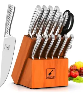 850065367859 IMARKU Steel Kitchen Knife Set Block Acacia Wood