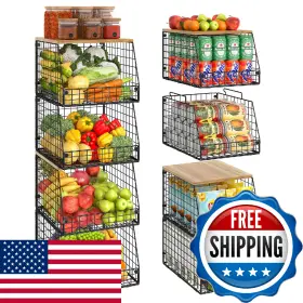 B0F29B4WTF JAKYITVI Pack Stackable Wire Baskets Wooden Top