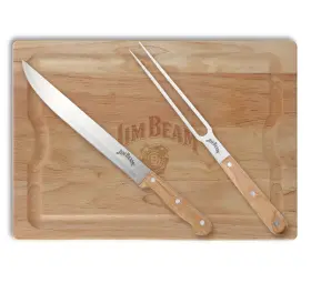 736386009602 JIM BEAM Carving Set Steel Knife Fork Wood