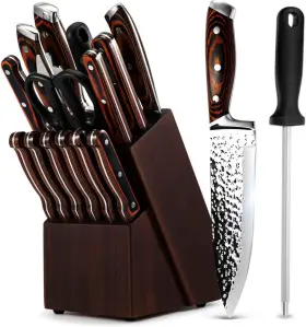313048851856 KROWALLU Knife Set Kitchen Block Wooden Steel