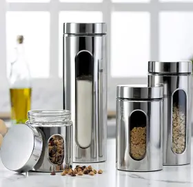 GL986 LERAZE Steel Canister Set Kitchen Counter Glass Windo