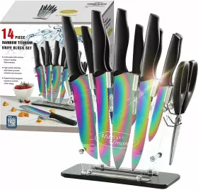 779675561184 MARCO ALMOND Knife Block Set Rainbow Steel Se