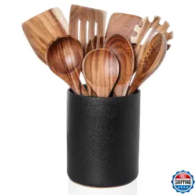 B0DT3XHJYS NUCOOKERY Wooden Cooking Utensils Set Holder Teak