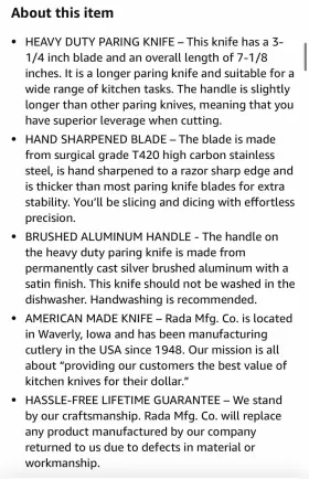 R103 RADA CUTLERY Paring Blade Overall #3