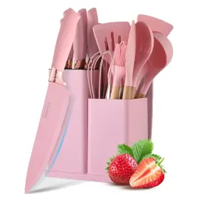 CUS-19 RETROSOHOO Kitchen Knife Set Block Pink Silicone Stai