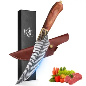 KNIFE12-FEATHER1 ROCOCO Feather Viking Boning Knife Forged Cl