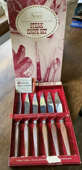 11-912 SEARS Set Steak Knives Vandium Stanless Steel Serrated