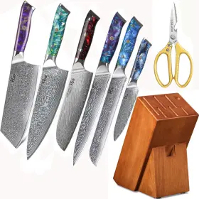 AUZHGSN8 TURWHO Kitchen Knife Block Set Damascus Steel Chief