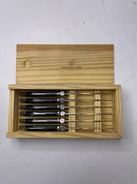 0319 WOLFGANG PUCK Marbled Handle Steak Knife Set Wood Box
