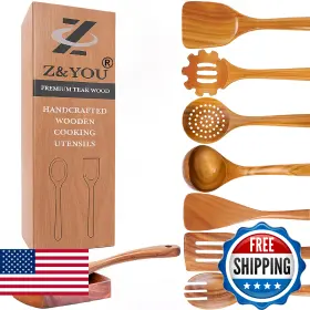 B0DPK6KG3B Z-YOU Teak Wooden Utensil Set Cooking Spoon Rest