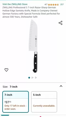 1009851 ZWILLING J.A. HENCKELS Pro Hollow Edge Santoku Chefs