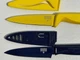 TWO Kuhn Rikon Paring Knives BlueYellow w Safety Sheath Made In Switzerland SL14