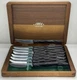 (8) Vintage CUTCO 1759 Serrated Steak Knives Black Orange Swirl Handle Wood Case