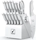 Imarku Japanese Kitchen Knife Set with Block, White, Anti-Slip, Dishwasher Safe