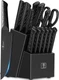 HUNTER.DUAL 14-Slot Black Ash Wood Knife Block Set w/ Knives & Shears SZ-10. New