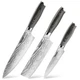 Hecef Knife Set, 8in Japanese Damascus Pattern Chef Knife with Wood Handle, 3Pcs
