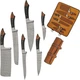 Kitchen Knife 6-Pc Set Damascus Steel Blade Brown/Black Wood Full Tang + Roll