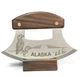 Alaskan Inupiat Style Walnut Ulu Knife with Puffin Sunset Etched Blade & Stand