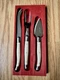 Vtg Jean Dubost Laguiole 3 Piece Cheese Knife/Fork Set Cream Handles + Wood Tray